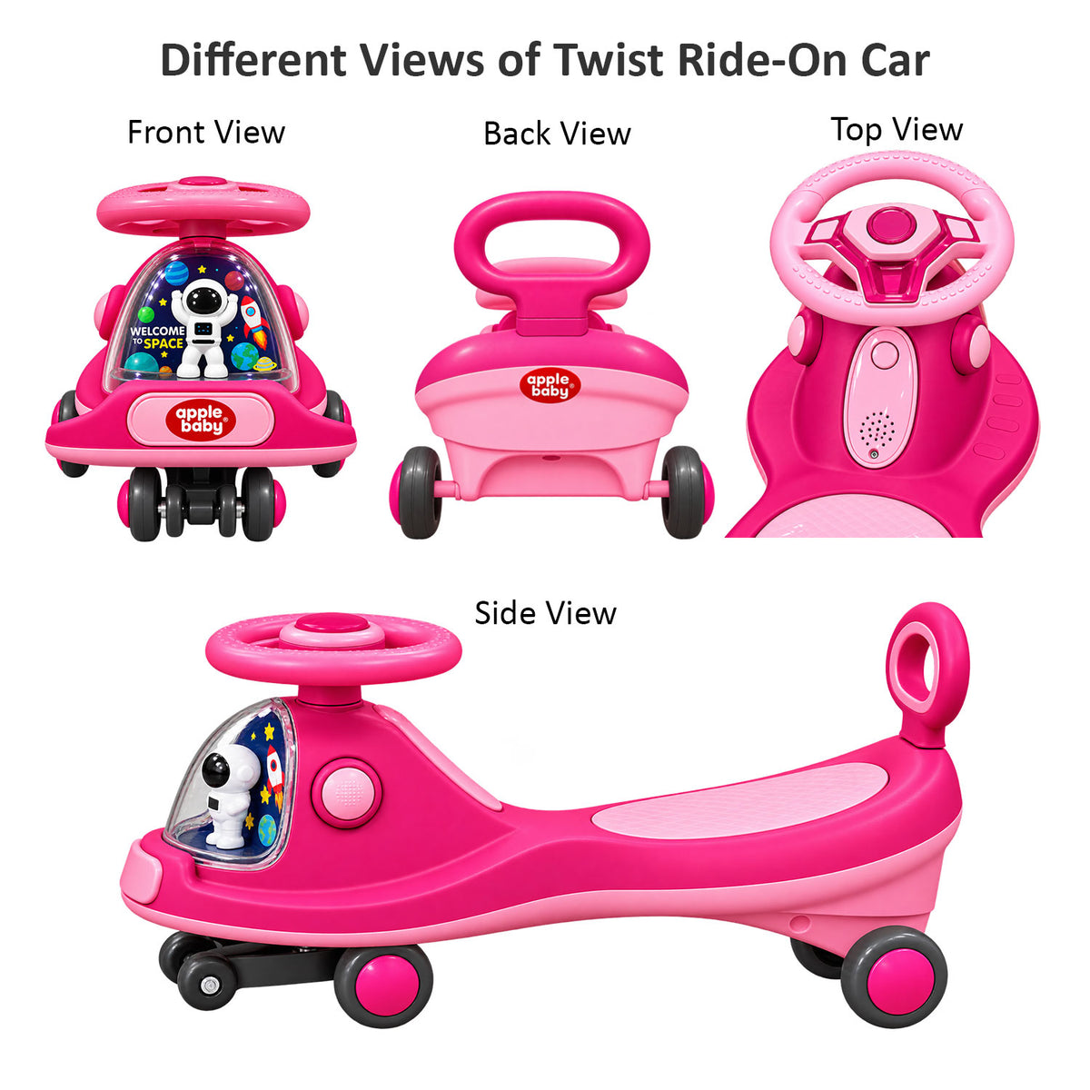 Apple Baby Star Twist Ride-on Car for Kids 1–12 Years | LED Lights & Music | PU Wheels | Comfortable Seat,100 Kgs Weight Capacity | Safe Indoor Outdoor Ride-on Toy for Boys & Girls BS136