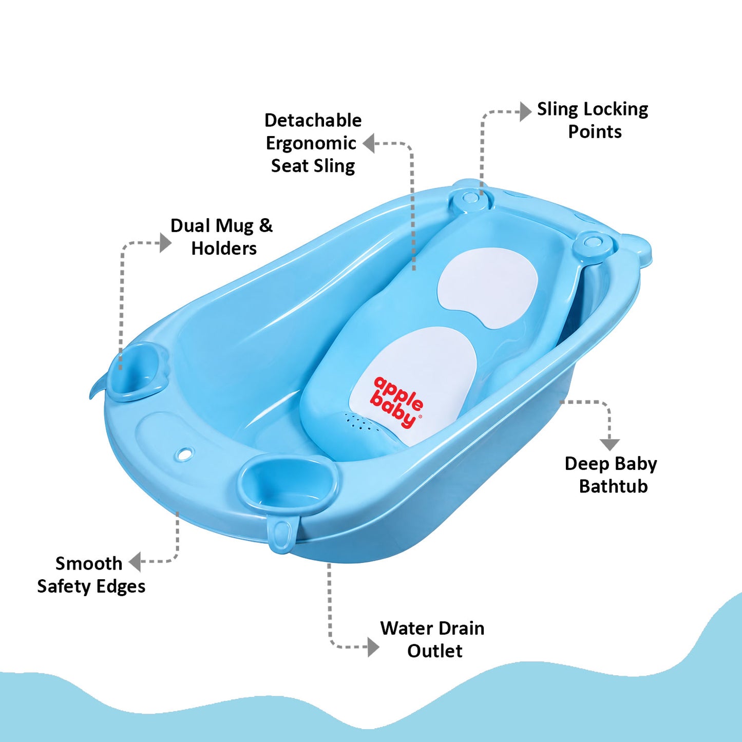 Apple Baby Premium Baby Bathtub with Detachable Ergonomic Seat Sling | Deep Infant Bath Tub with Water Drain Plug, Dual Mug & Holders | Safe Anti-Slip Design for Newborns & Toddlers (0–3 years) BT1035