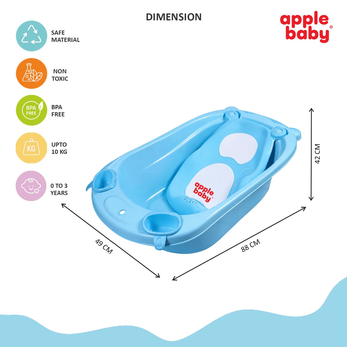 Apple Baby Premium Baby Bathtub with Detachable Ergonomic Seat Sling | Deep Infant Bath Tub with Water Drain Plug, Dual Mug & Holders | Safe Anti-Slip Design for Newborns & Toddlers (0–3 years) BT1035