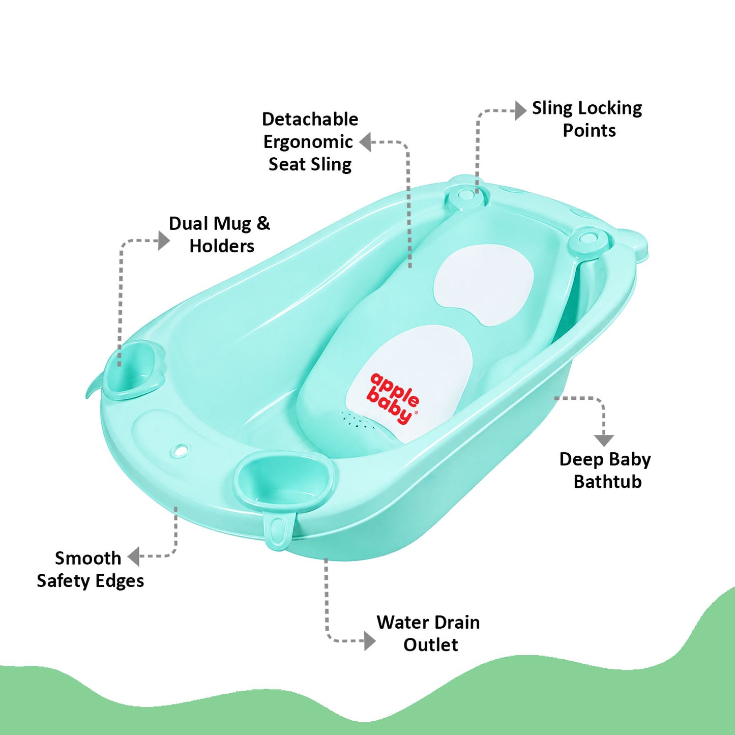 Apple Baby Premium Baby Bathtub with Detachable Ergonomic Seat Sling | Deep Infant Bath Tub with Water Drain Plug, Dual Mug & Holders | Safe Anti-Slip Design for Newborns & Toddlers (0–3 years) BT1035