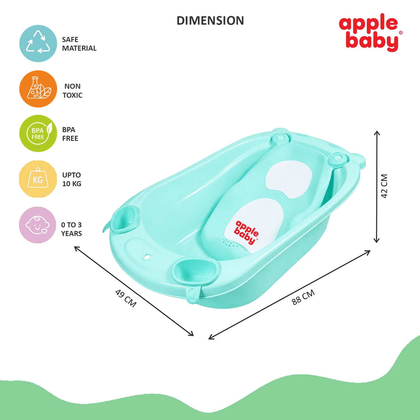 Apple Baby Premium Baby Bathtub with Detachable Ergonomic Seat Sling | Deep Infant Bath Tub with Water Drain Plug, Dual Mug & Holders | Safe Anti-Slip Design for Newborns & Toddlers (0–3 years) BT1035