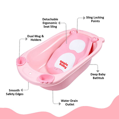 Apple Baby Premium Baby Bathtub with Detachable Ergonomic Seat Sling | Deep Infant Bath Tub with Water Drain Plug, Dual Mug & Holders | Safe Anti-Slip Design for Newborns & Toddlers (0–3 years) BT1035