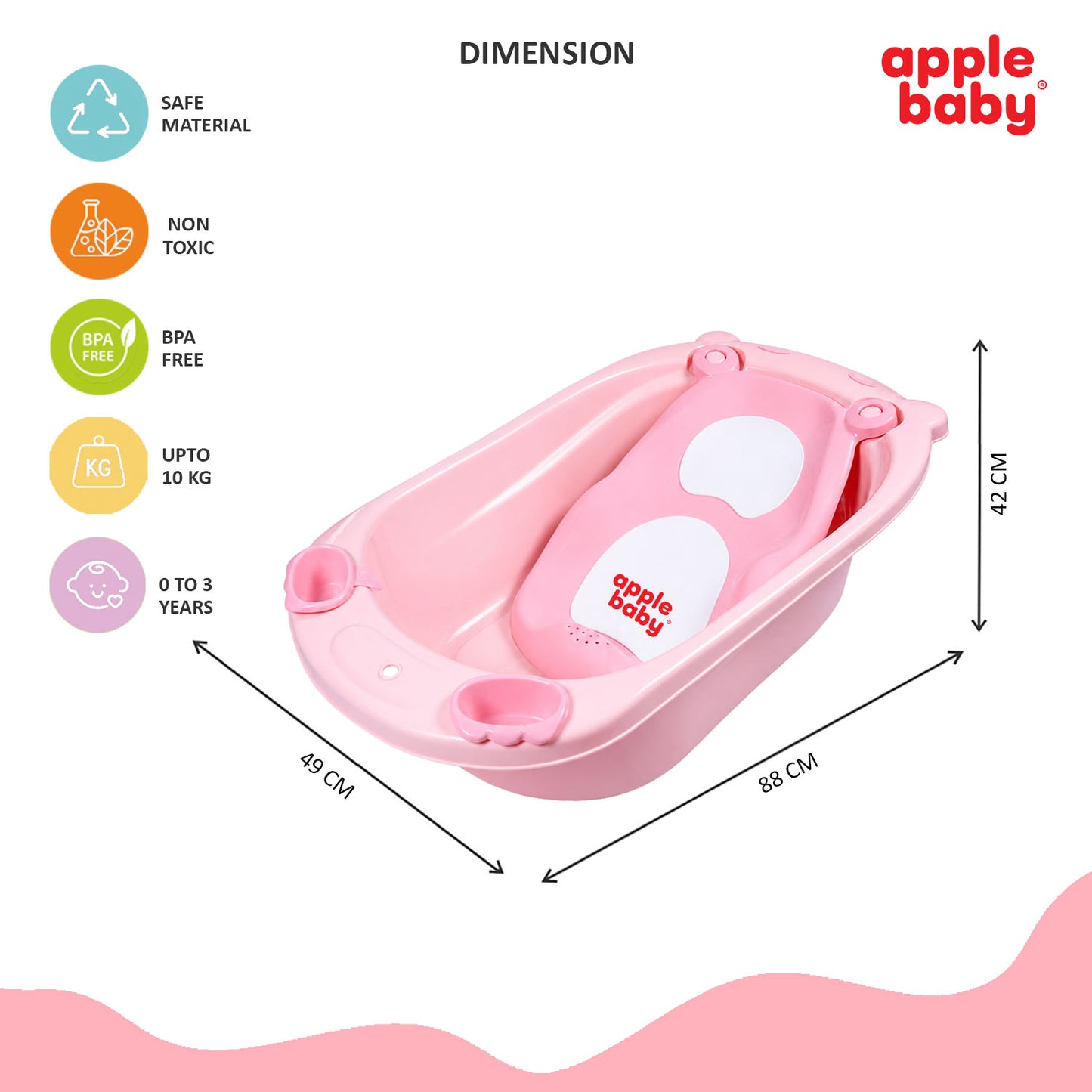 Apple Baby Premium Baby Bathtub with Detachable Ergonomic Seat Sling | Deep Infant Bath Tub with Water Drain Plug, Dual Mug & Holders | Safe Anti-Slip Design for Newborns & Toddlers (0–3 years) BT1035