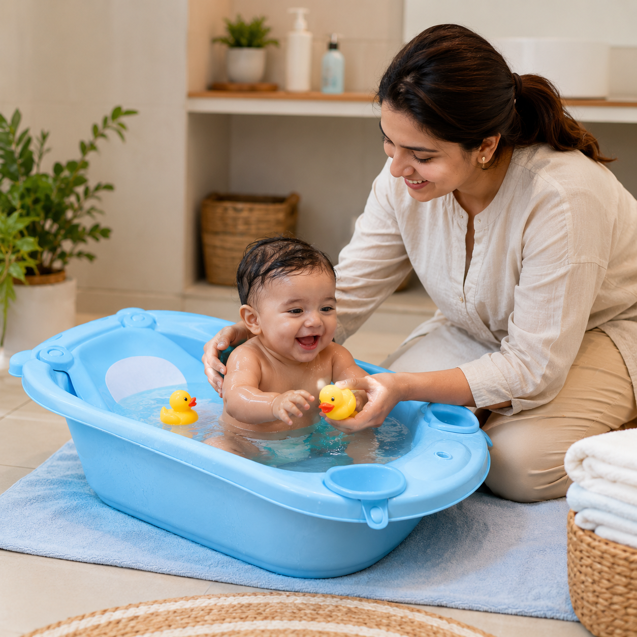 Apple Baby Premium Baby Bathtub with Detachable Ergonomic Seat Sling | Deep Infant Bath Tub with Water Drain Plug, Dual Mug & Holders | Safe Anti-Slip Design for Newborns & Toddlers (0–3 years) BT1035