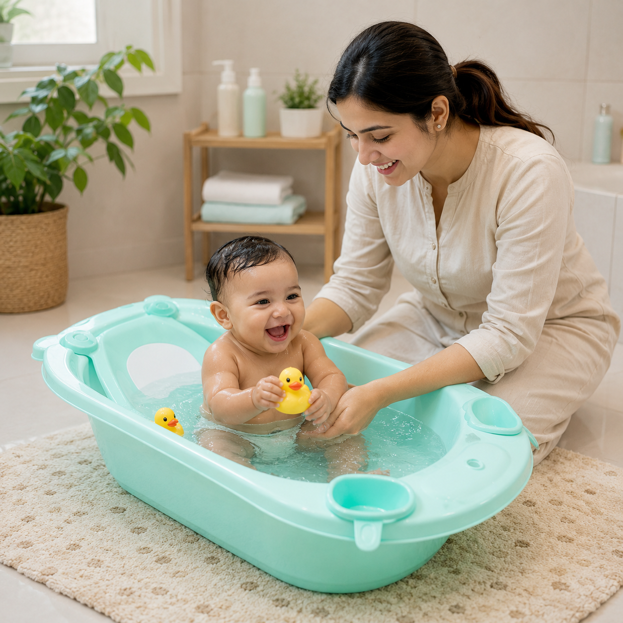 Apple Baby Premium Baby Bathtub with Detachable Ergonomic Seat Sling | Deep Infant Bath Tub with Water Drain Plug, Dual Mug & Holders | Safe Anti-Slip Design for Newborns & Toddlers (0–3 years) BT1035