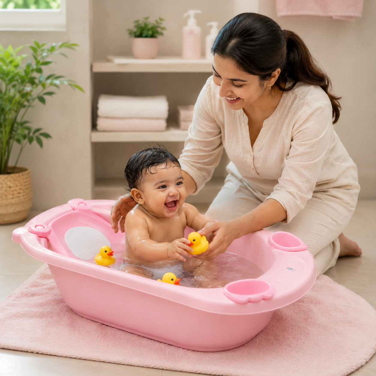 Apple Baby Premium Baby Bathtub with Detachable Ergonomic Seat Sling | Deep Infant Bath Tub with Water Drain Plug, Dual Mug & Holders | Safe Anti-Slip Design for Newborns & Toddlers (0–3 years) BT1035