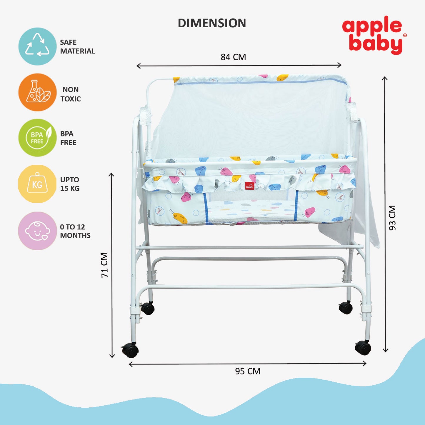 Apple Baby Blossom Baby Cradle with Swing Function & Wheels | Safe Sleeping Cot for Newborn Babies BB117