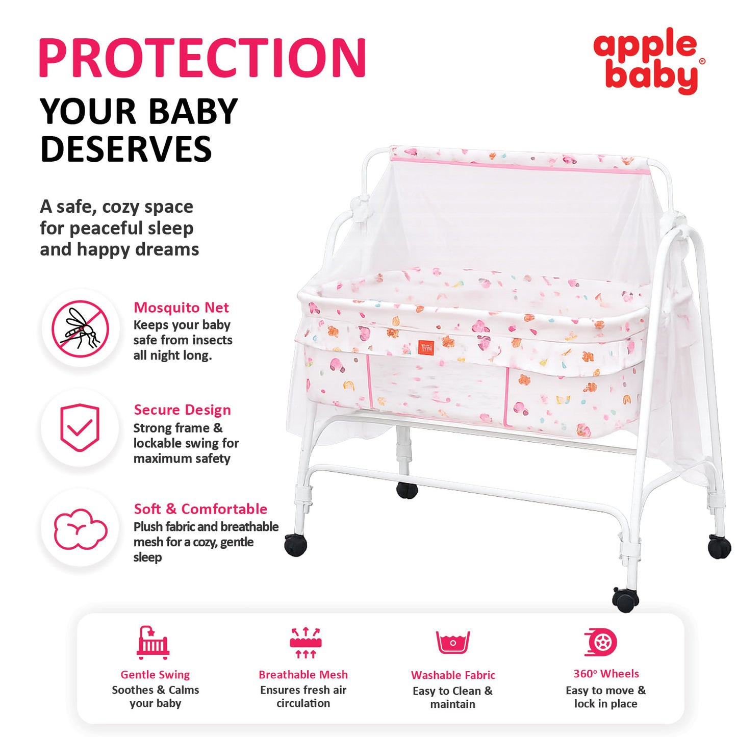 Apple Baby Blossom Baby Cradle with Swing Function & Wheels | Safe Sleeping Cot for Newborn Babies BB117