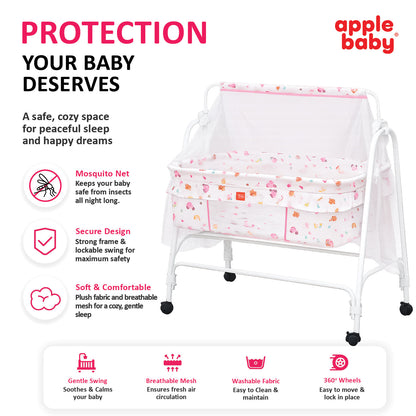 Apple Baby Blossom Baby Cradle with Swing Function & Wheels | Safe Sleeping Cot for Newborn Babies BB117