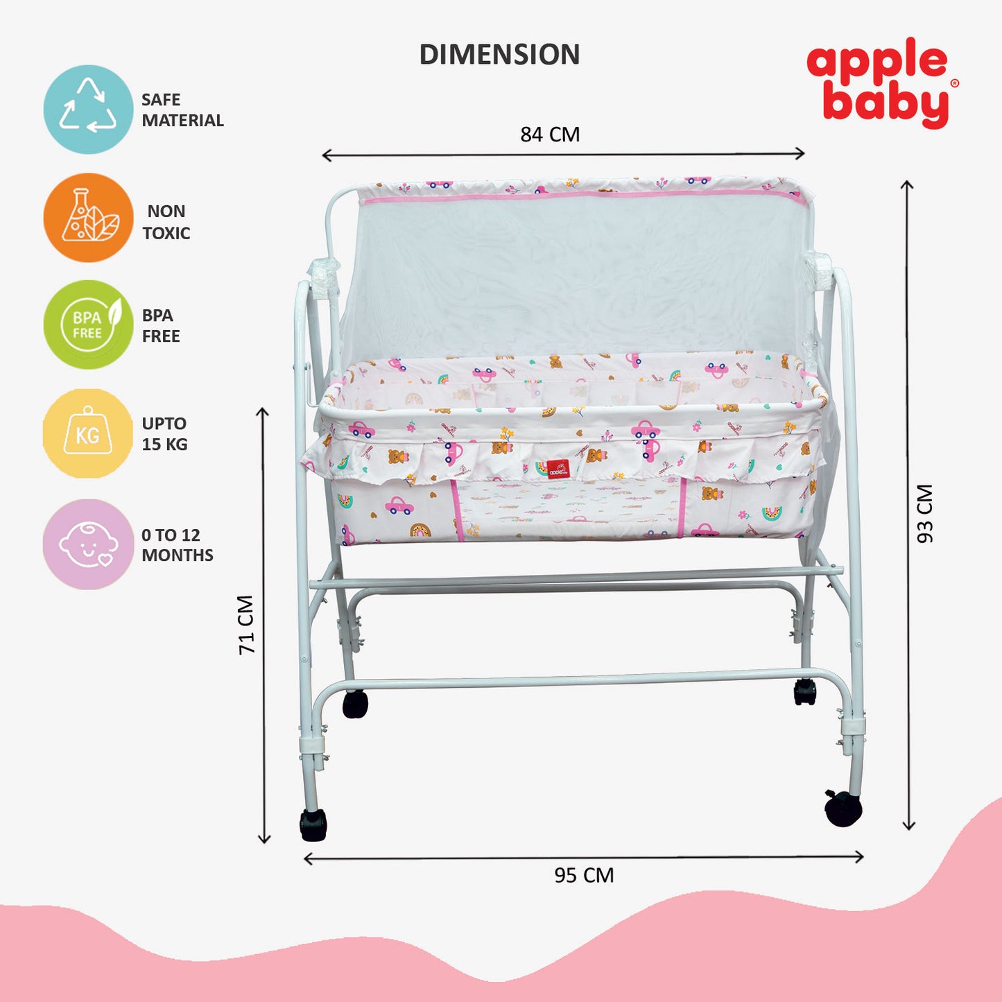 Apple Baby Blossom Baby Cradle with Swing Function & Wheels | Safe Sleeping Cot for Newborn Babies BB117