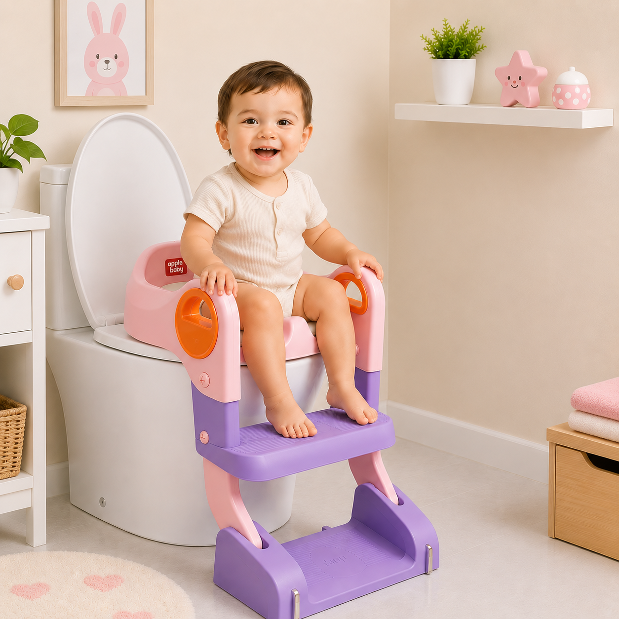Apple Baby Kids Potty Training Seat with Ladder & Cushioned Seat | Foldable Toilet Trainer for Toddlers | Anti-Slip Step Ladder Potty Seat for Boys & Girls PS1066